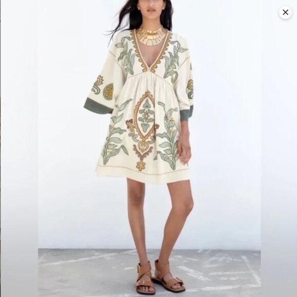 Zara embroidered tunic dress, Fits XS-L, boho embroidered babydoll dress - Picture 2 of 9